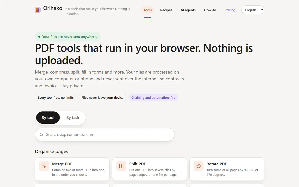 The home page with tool cards grouped by task