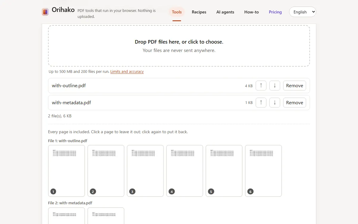 A tool page with two PDF files in the list