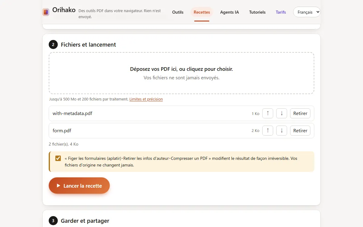 Fichiers déposés, case de confirmation et bouton