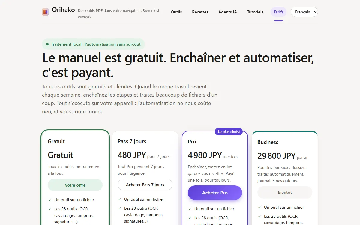 La page Tarifs avec quatre offres