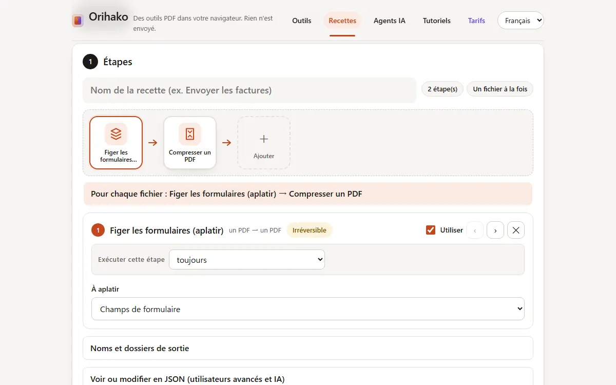 La page Recettes avec les étapes enregistrées