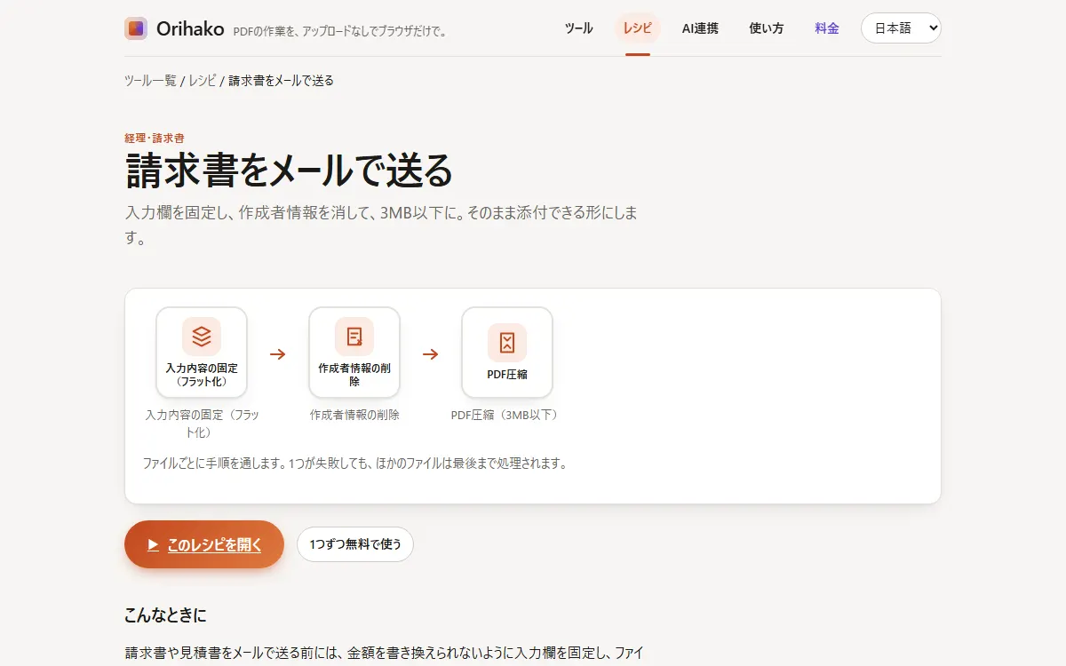 手順がタイルで並ぶレシピのページ