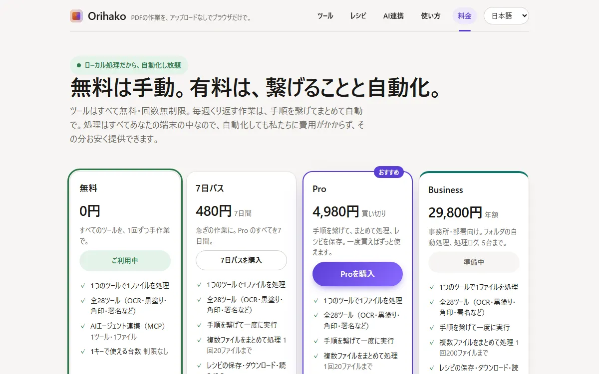 4つのプランが並ぶ料金のページ