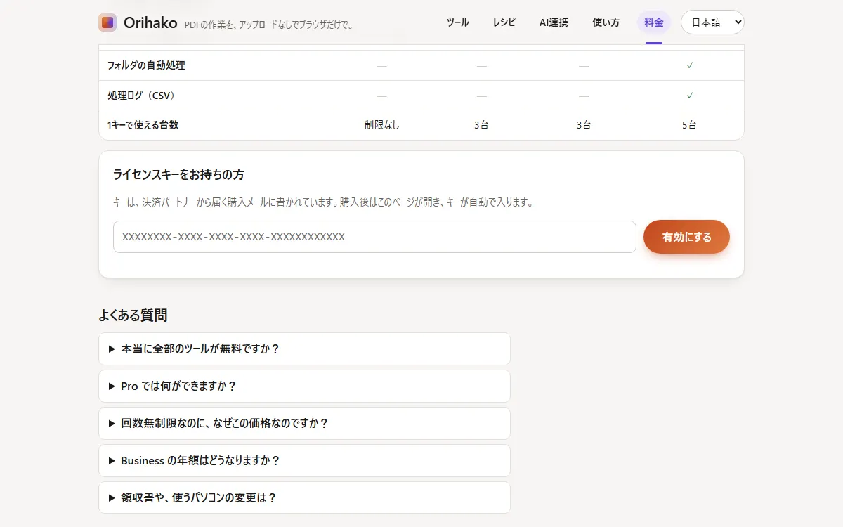 ライセンスキーの入力欄